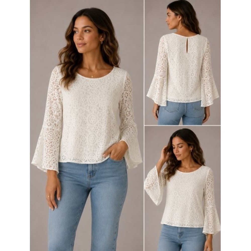 White Lace Top Medium Bell  Minimal Cottage Feminine Office‎ Romantic Bridal Wed